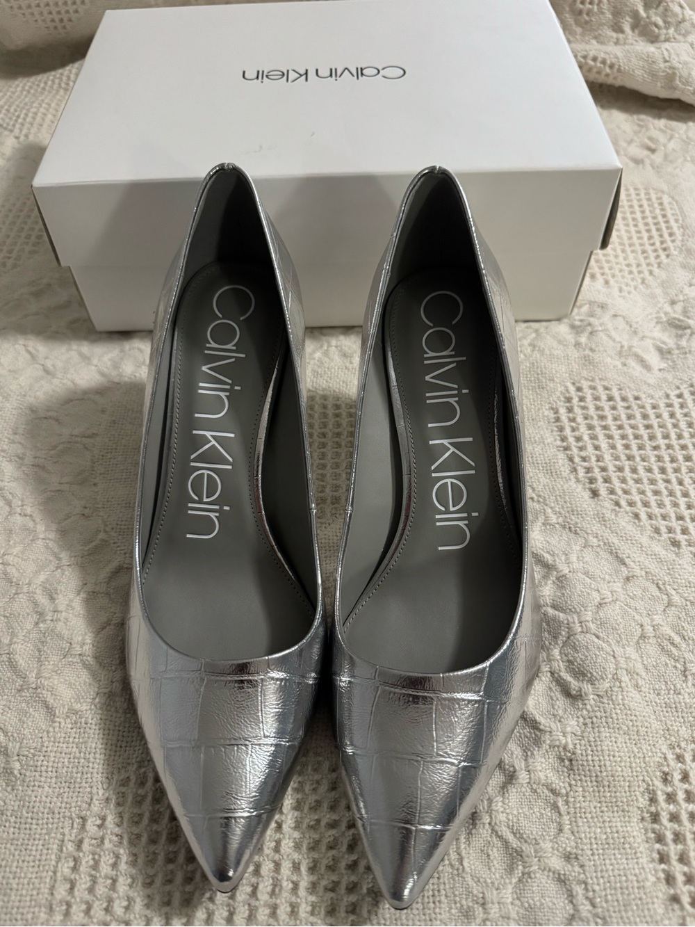 Calvin Klein Metallic Silver Croc-Embossed Pointed-Toe Pumps